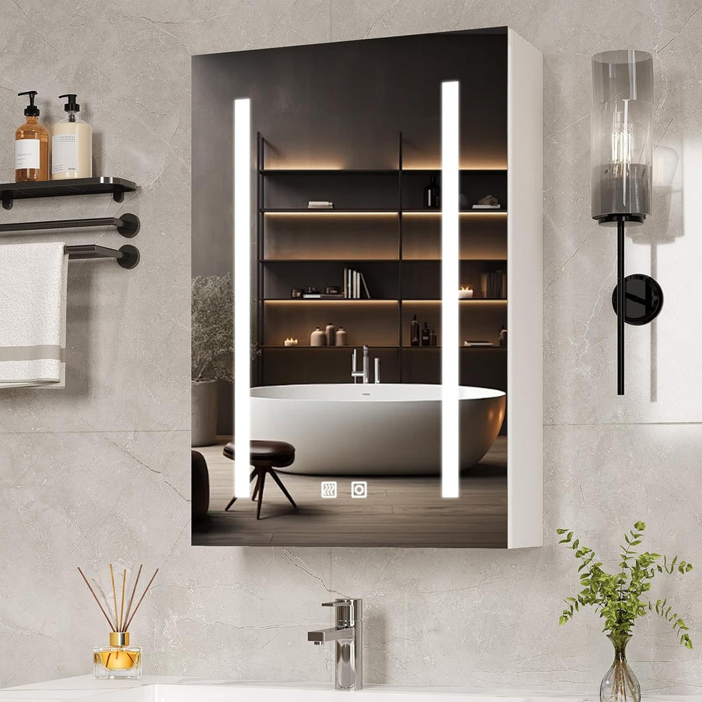 VINGLI 16Inch Medicine Cabinet with Lights, Lighted Medicine Cabinet with Mirror, Led Wall Mirror with Storage for Bathroom,Wall Mounted,3-Color Memory Mode Light，White,5.9" D x 15.75" W x 23.6" H