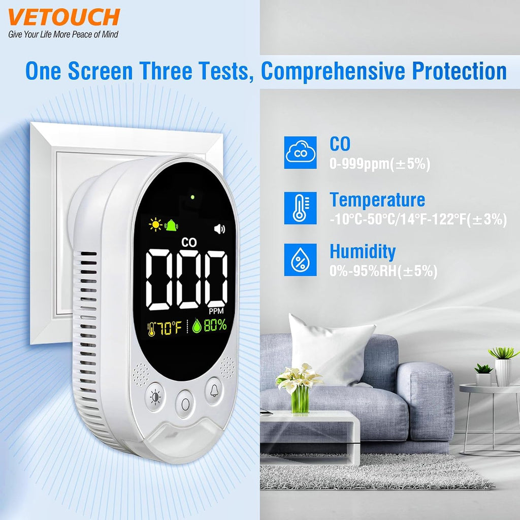 Portable Carbon Monoxide Detector Plug,Upgraded Version Configure Emergency Lighting CO Remind,Accurate Detection of CO Concentration Graded Warning, While Monitoring Temperature Humidity