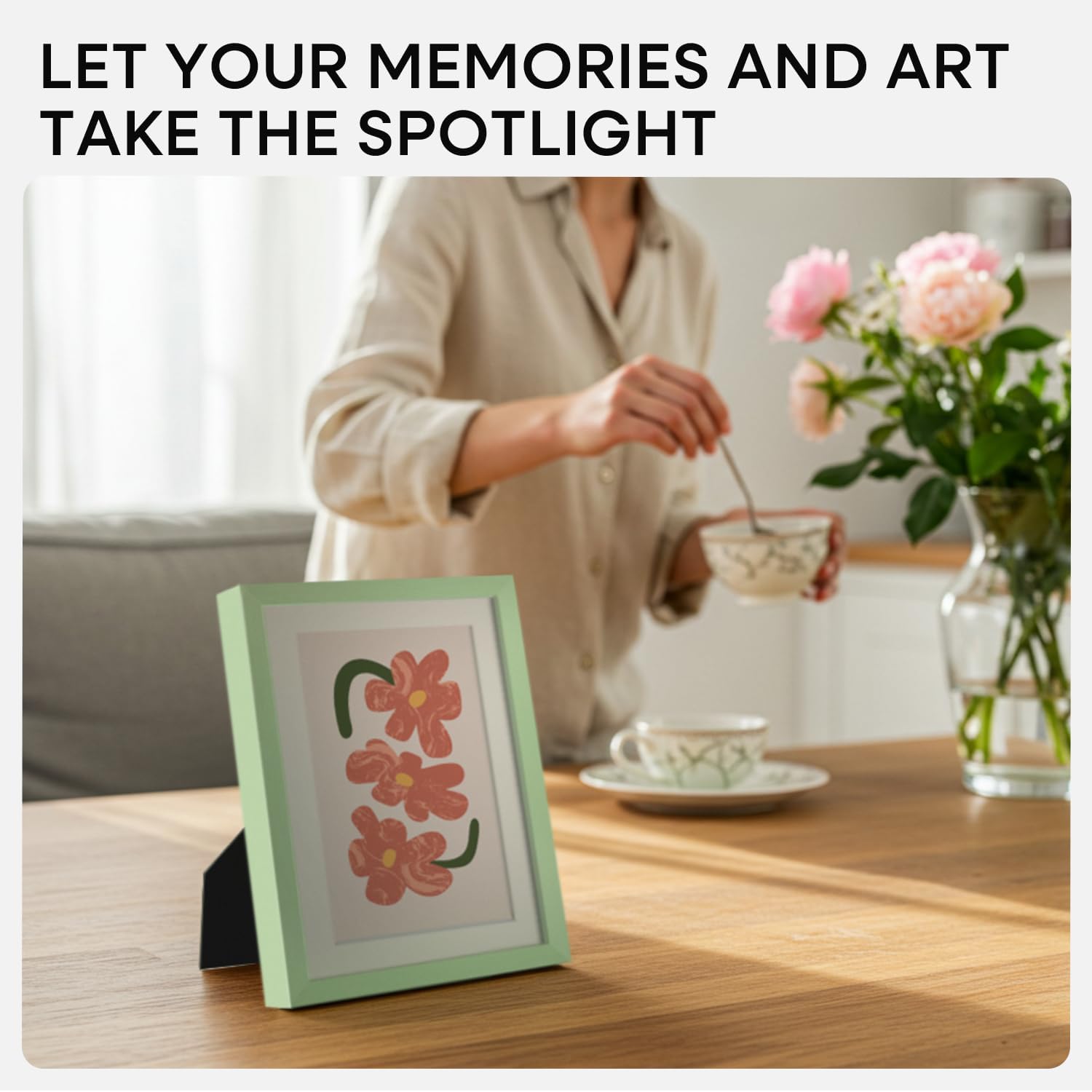 Homeforia Sage Green 4x6 Picture Frame, High End Metal 4 x 6 Frames with Mat 3 x 5 for Print, 4by6 Desk Frame Matted to 3x5 in Photo, 4 by 6 Wall or Tabletop Frames, Tempered Glass, Wall Kit, Set of 1