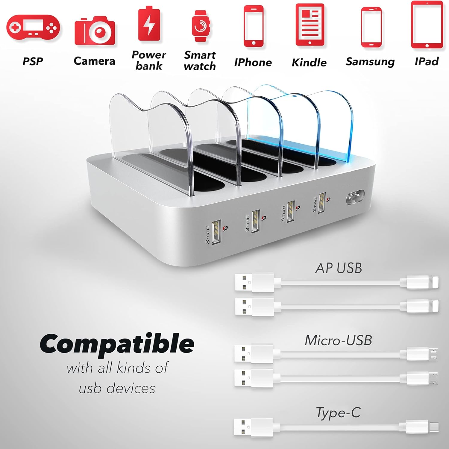 4 Port Charger Station - Fast Charging Dock for Multiple Devices Apple - Multi Device USB Charging Station - Compatible with Apple iPad, iPhone, Android, and Tablet - Charging Rack