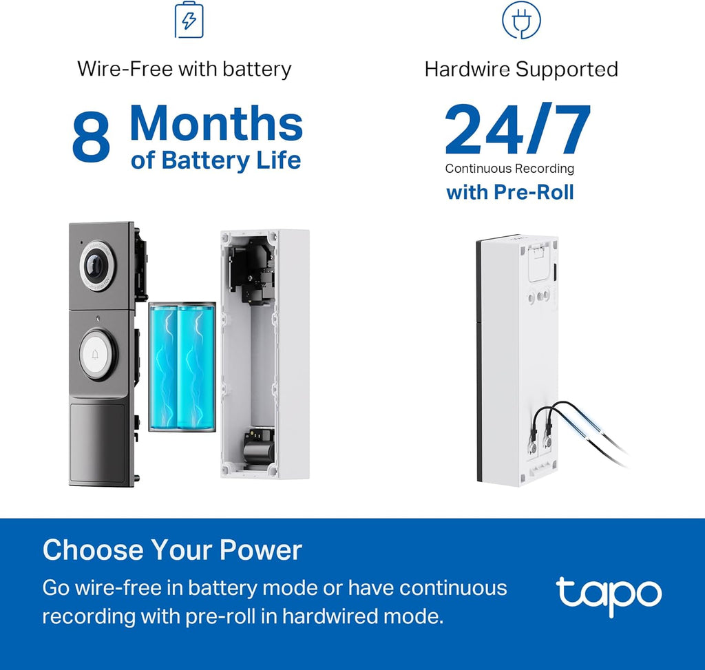 Tapo by TP-Link Smart Video Doorbell Camera with Chime, Battery or Wired, 2K QHD Color Night Vison, No Monthly Fee, 180° Ultra-Wide Head-to-Toe View, Ring Call, Free AI Detection, Local Storage (D225)