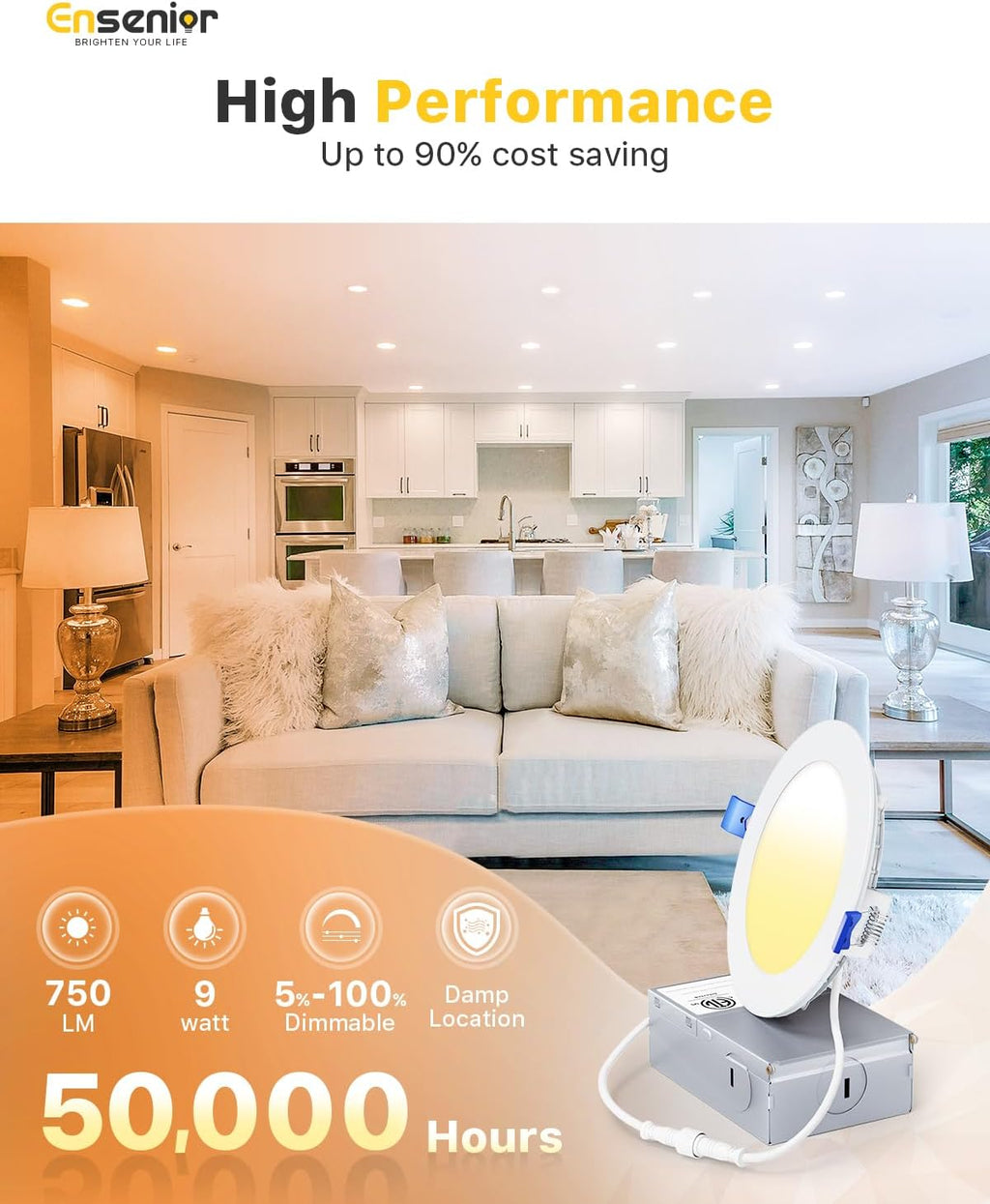 Ensenior 12 Pack 4 Inch LED Recessed Ceiling Light, Dimmable, 5000K Daylight, 750LM 9W 120V, High Brightness Canless Wafer Downlight - ETL&FCC&IC