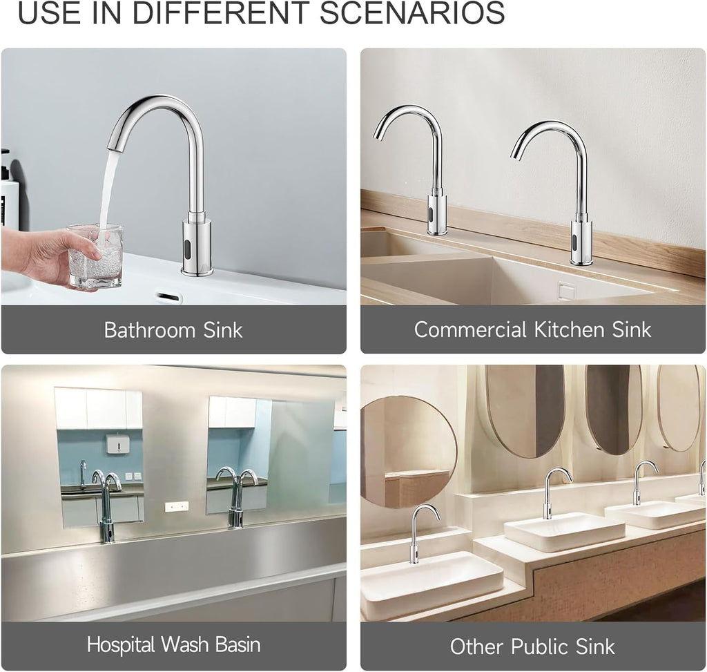 Automatic Touchless Bathroom Sink Faucet Motion Sensor Commercial Kitchen Hands Free Faucet with Hole Cover Plate,AC/DC Powered, Public Sink Faucet,Chrome (Chrome High)