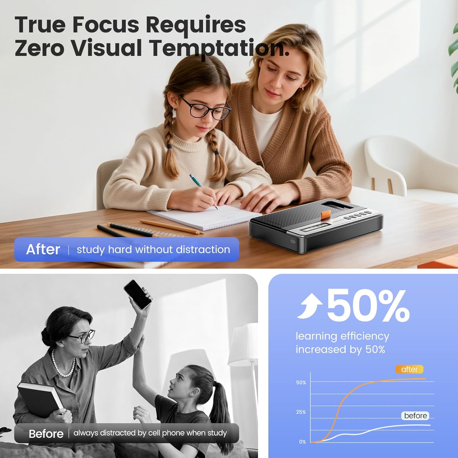 Vaydeer Phone Lock Box with Timer, Rechargeable Timed Lock Box with Digital Display, Bluetooth connection, Emergency Unlock, Build Focus & Self-Discipline for Study/Home/Office