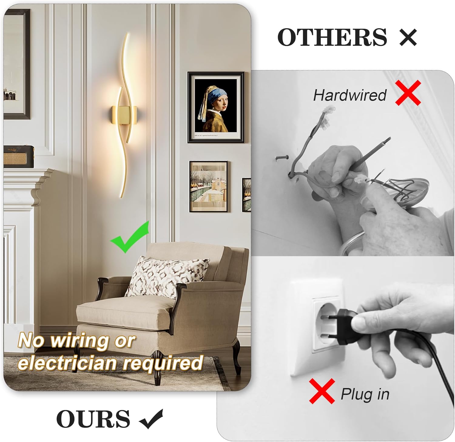 Battery Operated Wall Sconces with Remote Control, Dimmable/3 Colors/Night-Light/Timer/Memory, Gold Modern Wireless LED Sconce for Living Room, Hallway, Bedroom, 39.3 Inch (1 Pack)