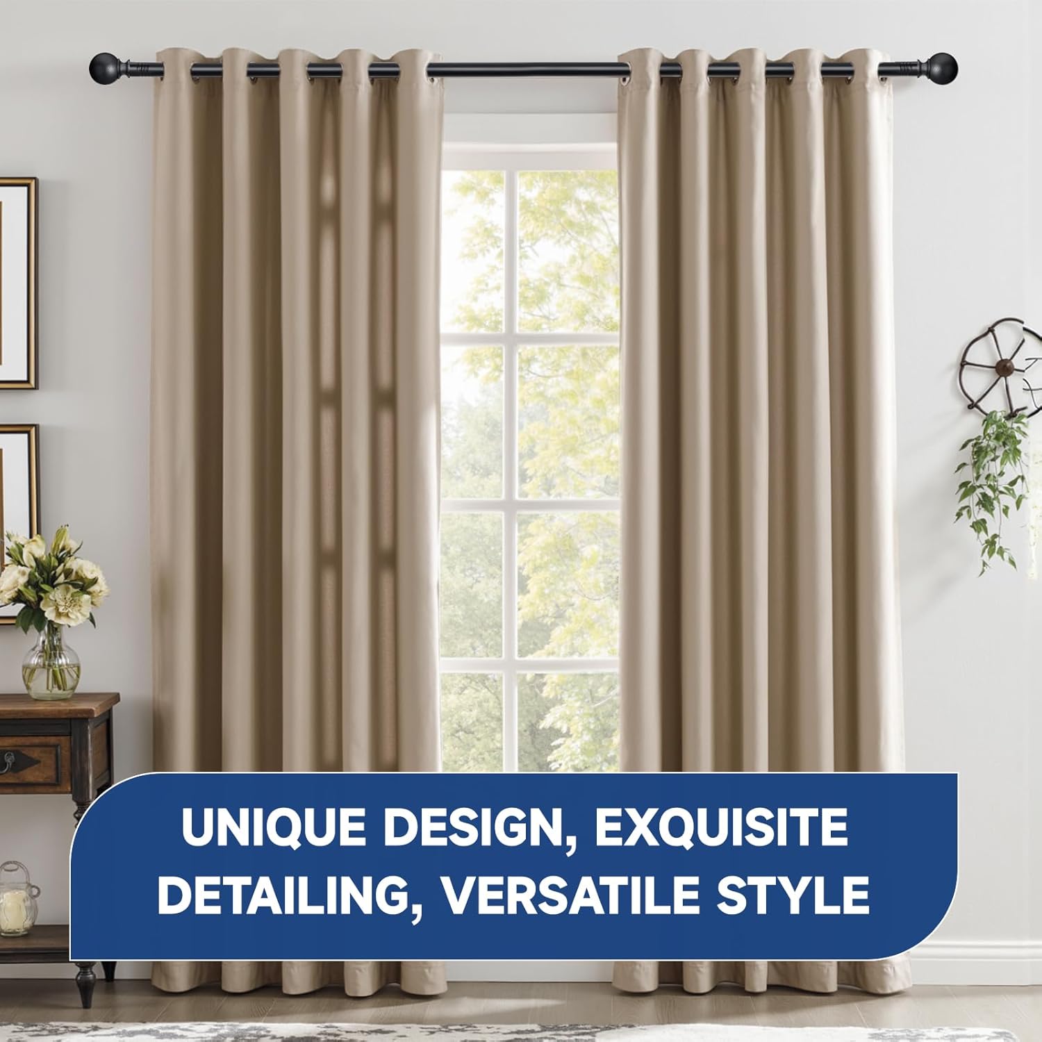 BRIOFOX Black Curtain Rods for Windows 48 to 84 Inch(4-7.33ft) - 1'' Diameter Heavy Duty Curtain Rods with Imitation Wood Grain Pattern Finials,Adjustable Decorative Curtain Rods Set,28-88''