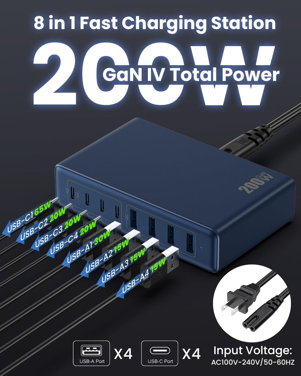 200W USB C Charger Block,GaN IV Charging Station 8 Ports,QC4.0 Fast Charging Station Hub+PD 65W USB C Laptop Charger Adapter Compatible with MacBook Air/Pro,DELL,iPhone 17/16,iPad,Steam Deck-Deep Blue