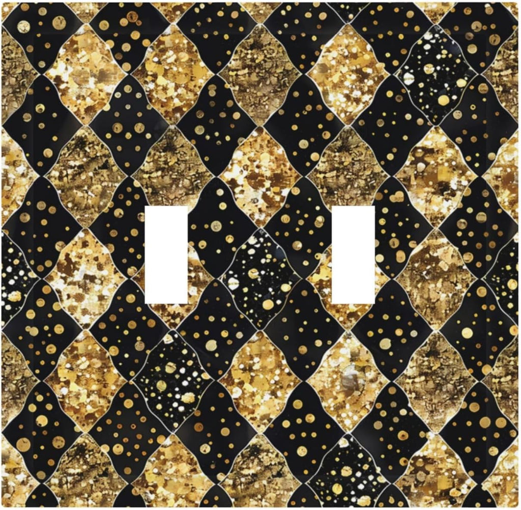 Gold Black Marble Geometric Plaid Glitter Decorative Switch Plates 2 Gang Double Toggle Outlet Light Switch Cover Wall Plate Electrical Faceplate for Bedroom Bathroom Decor