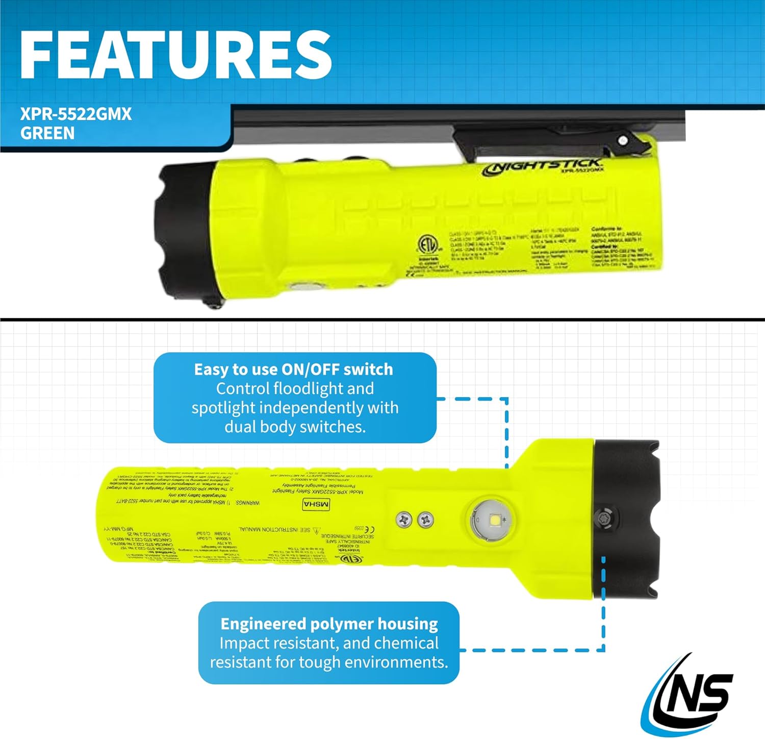 Nightstick XPR-5522GMX Intrinsically Safe Dual-Light Flashlight w/Magnets-Rechargeable-Green-UL913 / ATEX, Multicolor