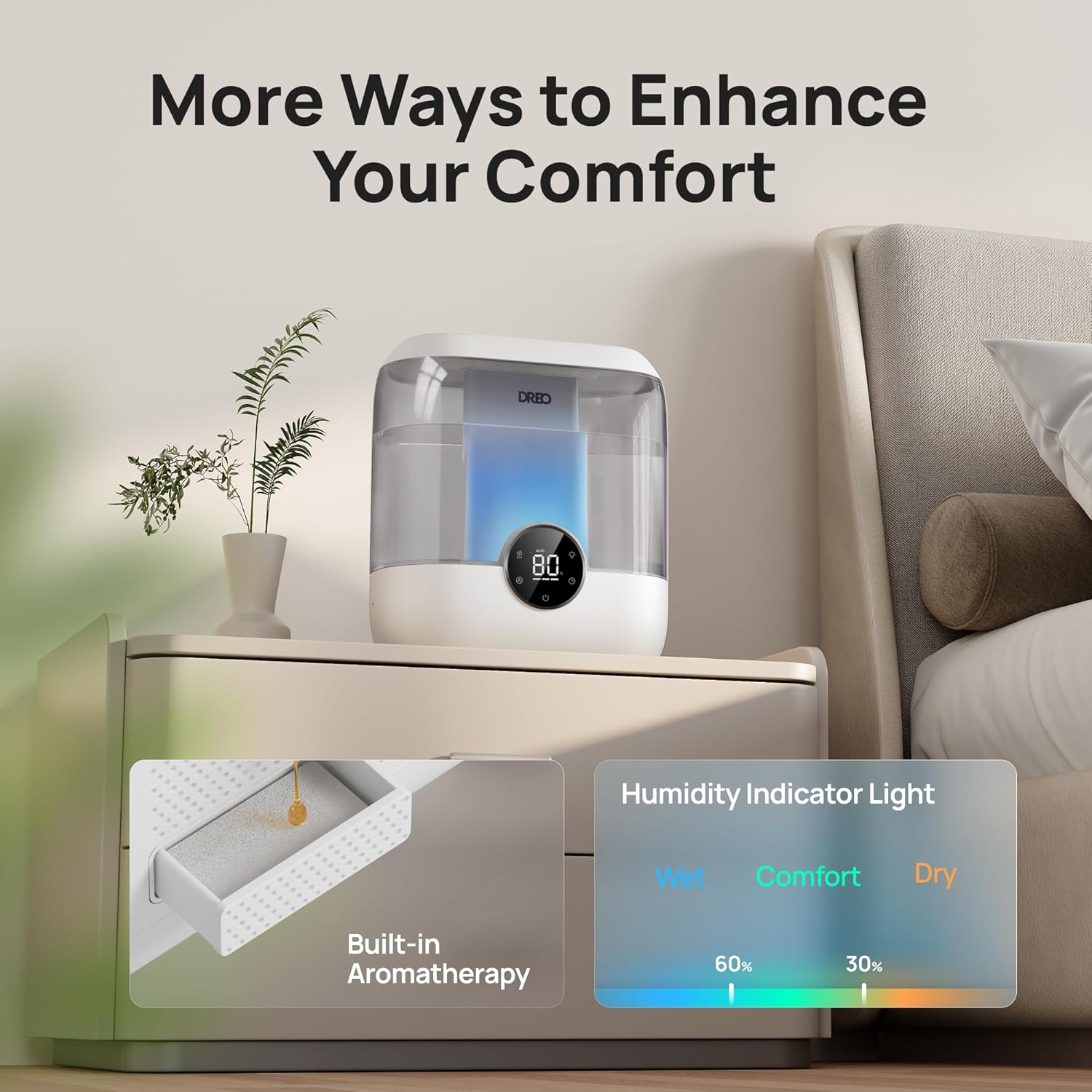 Dreo 6L Top Fill Humidifiers for Bedroom, 60H Runtime 28 dB Quiet Supersized Cool Mist Air Humidifiers for Large Room, Baby Nursery, Plant, Indoor, Night Light, Easy to Clean, Precise Humidity Control