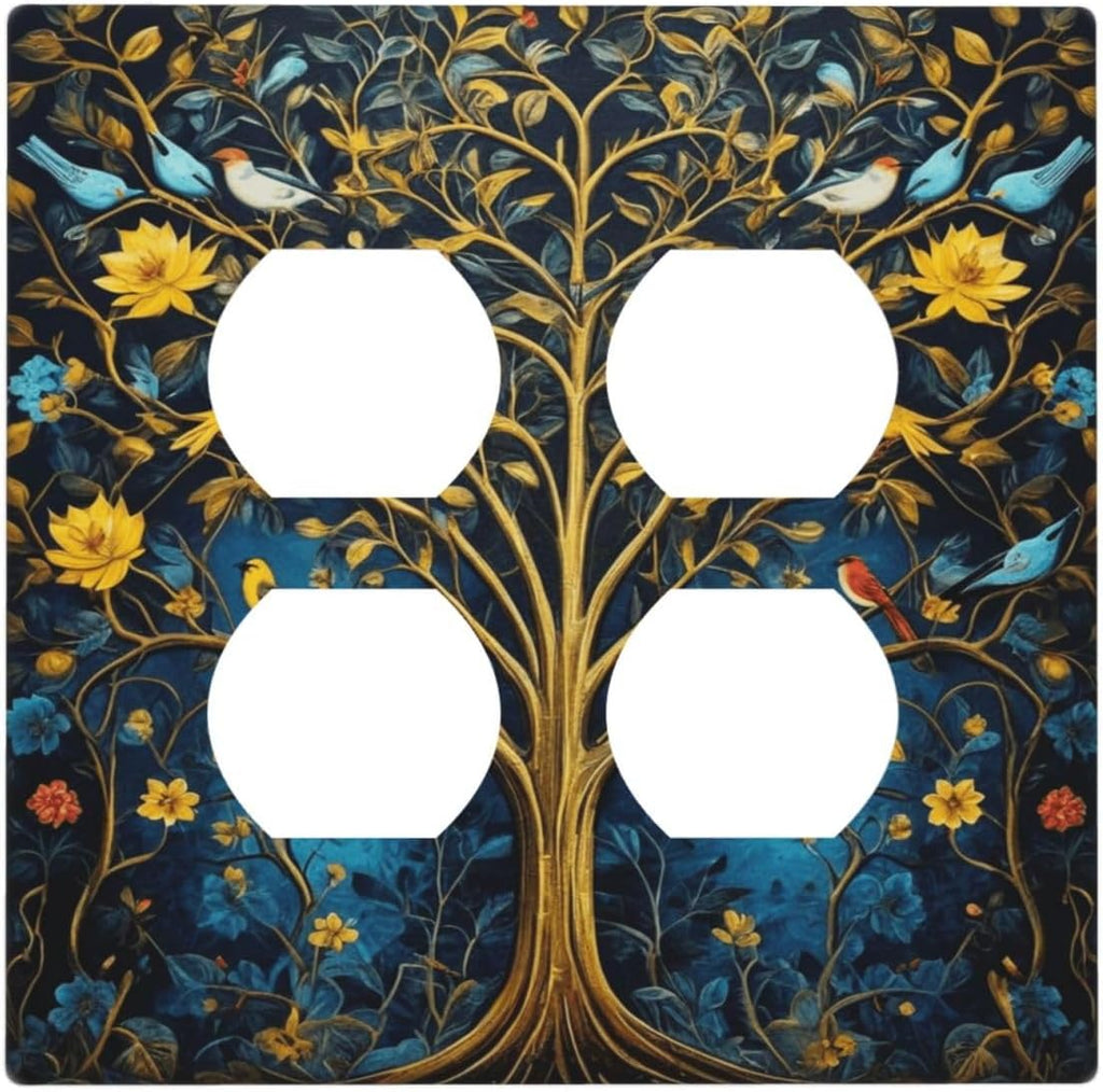 Decorative Outlet Covers Gold Tree of Life Blue Bird Yellow Flower 2 Gang Wall Plate Double Duplex Light Switch Cover Switch Plate Covers Faceplate for Bedroom Home Decor