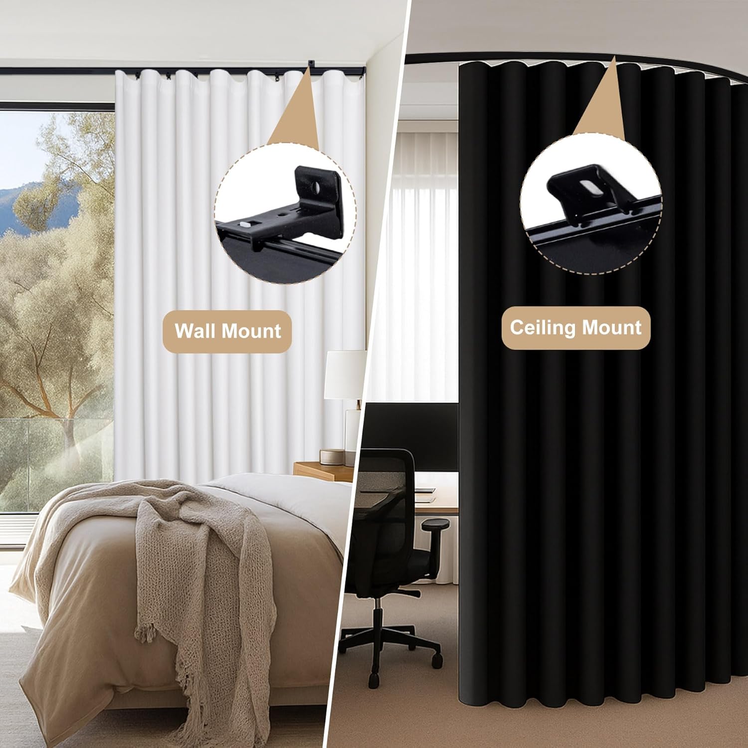 Aluminum Ceiling Curtain Track Set with Hooks Ceiling Mount and Wall Mount Room Divider Sliding Curtain Tracks Rods Flexible Heavy Duty Curtain Rail Hook Sets, Black, 24FT
