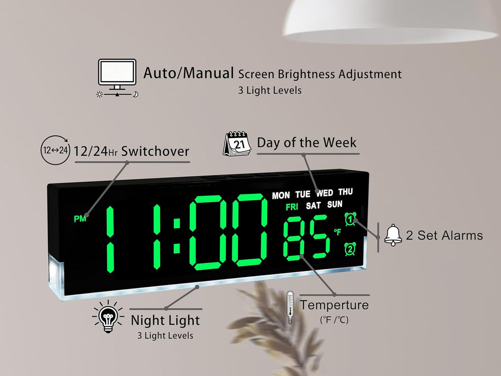 zyzamay 7-Inch Modern LED Digital Alarm Clock with Dual Alarms & Soft Bottom Light｜Displays Time, Date, Day, Temperature ｜3-Level Auto/Manual Brightness, DST, USB or Battery Powered Desk Clock,Green