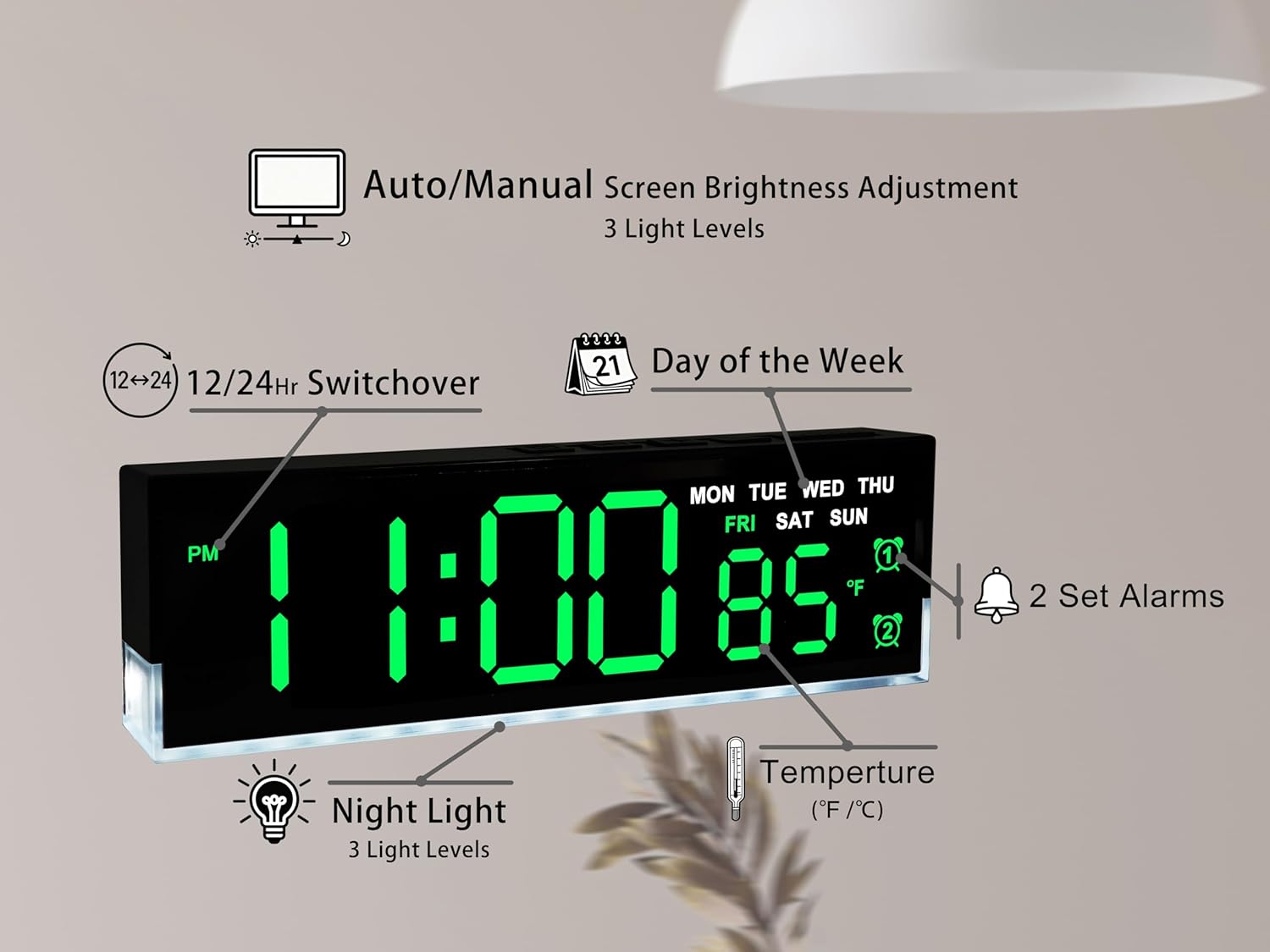 zyzamay 7-Inch Modern LED Digital Alarm Clock with Dual Alarms & Soft Bottom Light｜Displays Time, Date, Day, Temperature ｜3-Level Auto/Manual Brightness, DST, USB or Battery Powered Desk Clock,Green