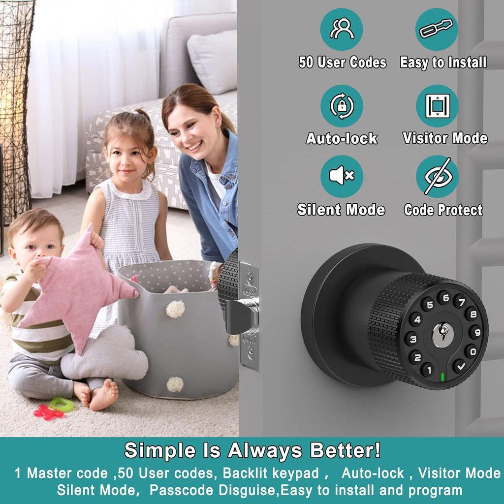 Keypad Door Knob with Key,Keyless Entry Door Lock, Code Locks Door Knob, Auto Lock,50 User Code,Easy to Install,for Home,Office,Bedroom,Garage,No Deadbolt