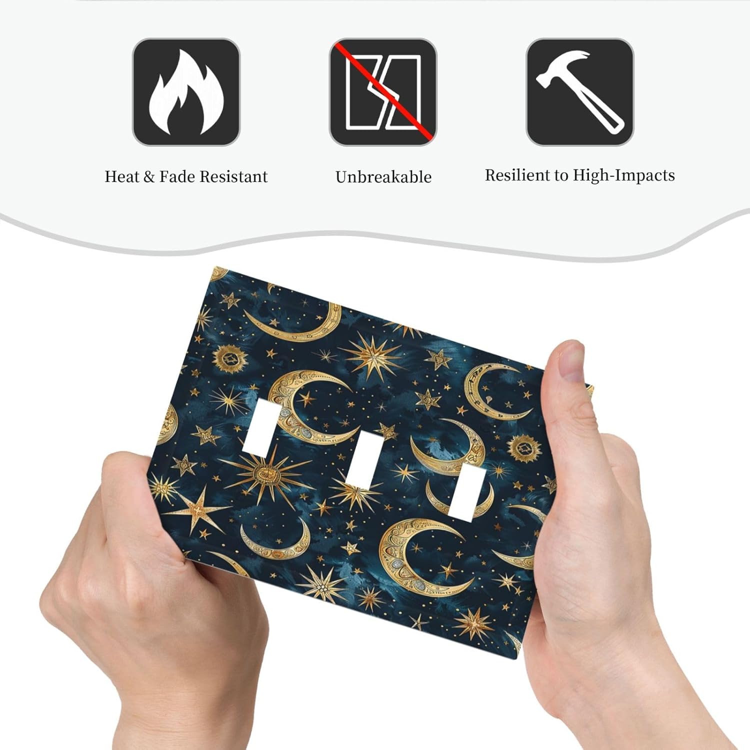 Decorative Switch Plates Modern Abstract Sky Blue Gold Moon Sun Star 3 Gang Wall Plate Triple Toggle Light Switch Cover Faceplate Electrical Wall Panels for Bedroom Kids room Decor