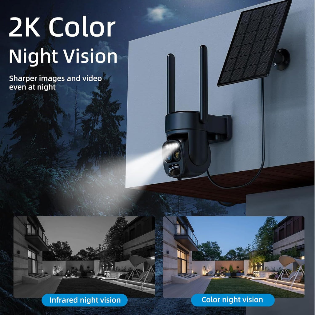 Hawkray Pannel Solar Wireless Outdoor Battery Security Camera， Dual-Lens, 10xZoom, 2K Resolution 3MP 360°Pan/Tilt，2.4&5G WiFi Powered Camera