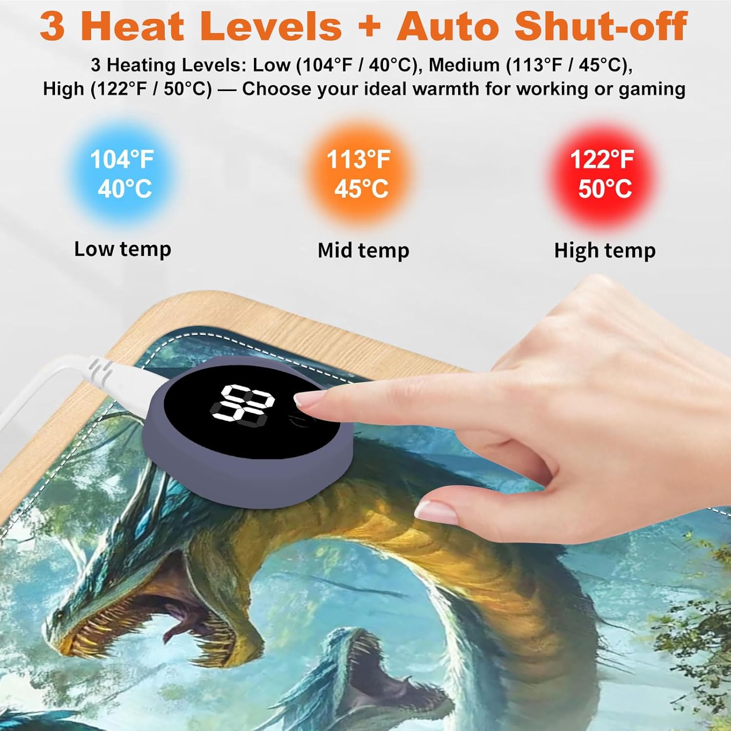 Small Heated Desk Pad 23.6" x 14.2" – Compact Electric Mouse Pad with 3 Heating Levels, Auto Shut-Off, Waterproof PU Surface, Plug-in Warmer for Office or Home Use, Serpent Beast