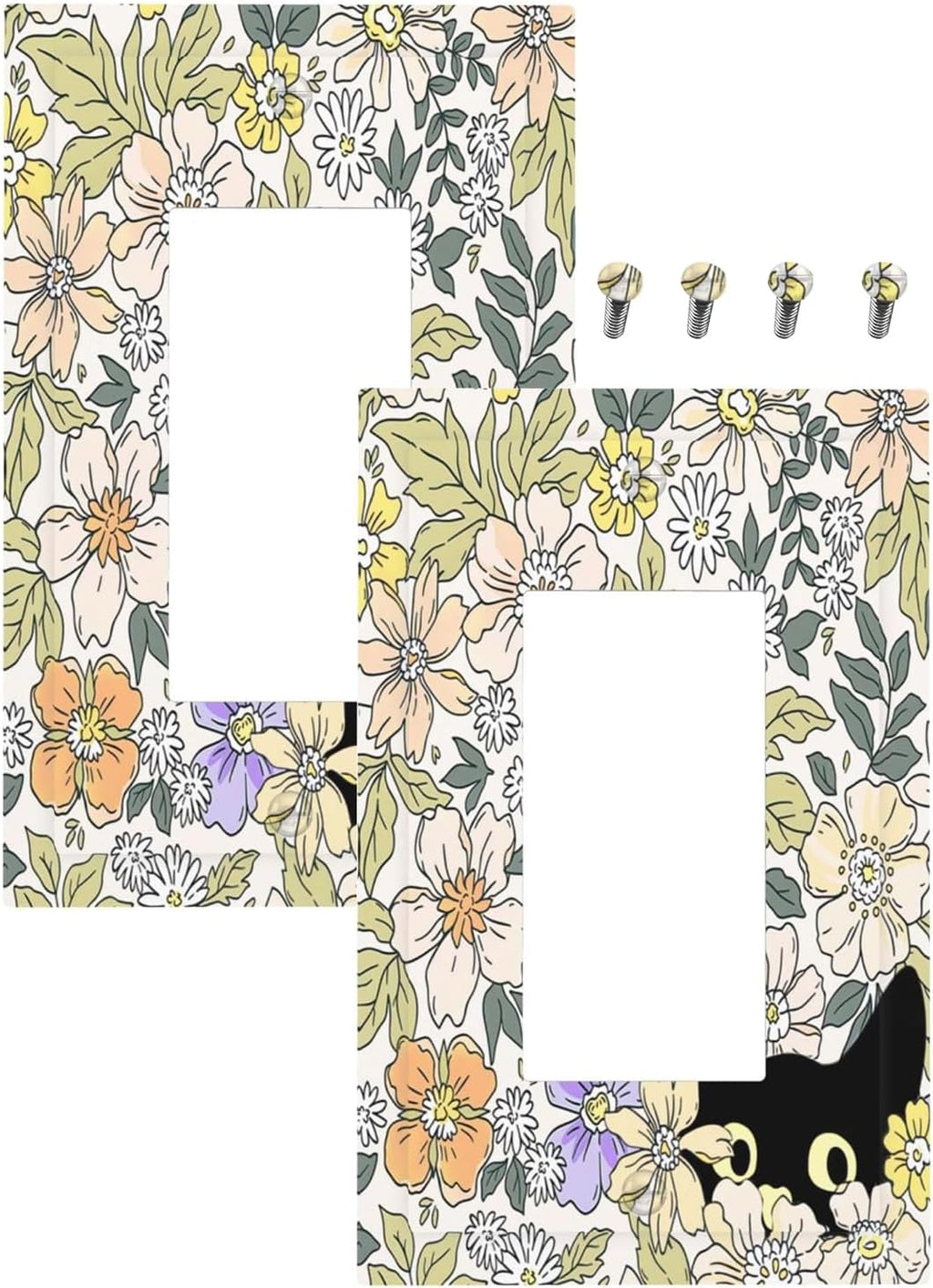 Decorative Outlet Covers Cute Black Cat in a Flower Patch Botanical Garden 1 Gang Rocker Light Switch Covers Single Decora GFCI Device Wall Plate for Bedroom Home Decor （2 Pack）