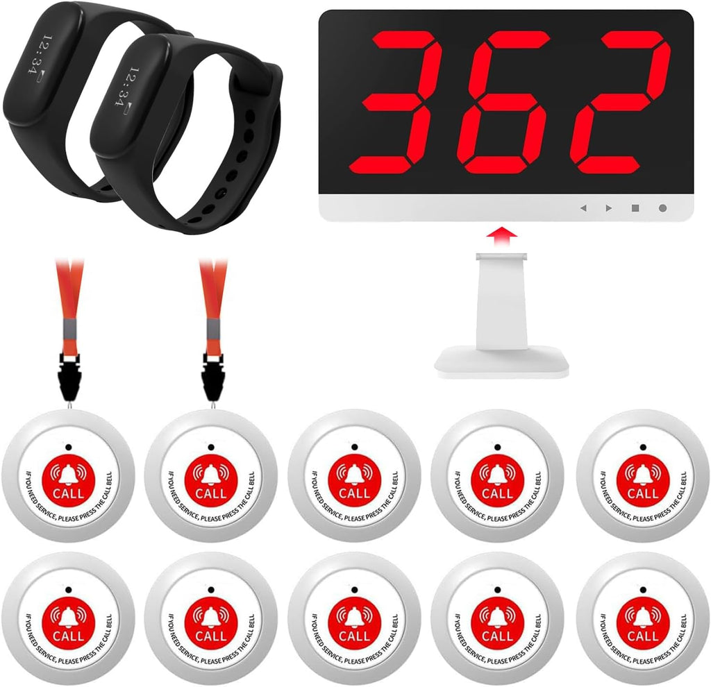 Nurse Call System with 10 Alert Emergency Call Buttons,2 Wrist Watch Receivers and 1 Display Receiver Wireless Caregiver Pager Calling System,1000ft, for Medical Clinic Nurses Station Home Hospital