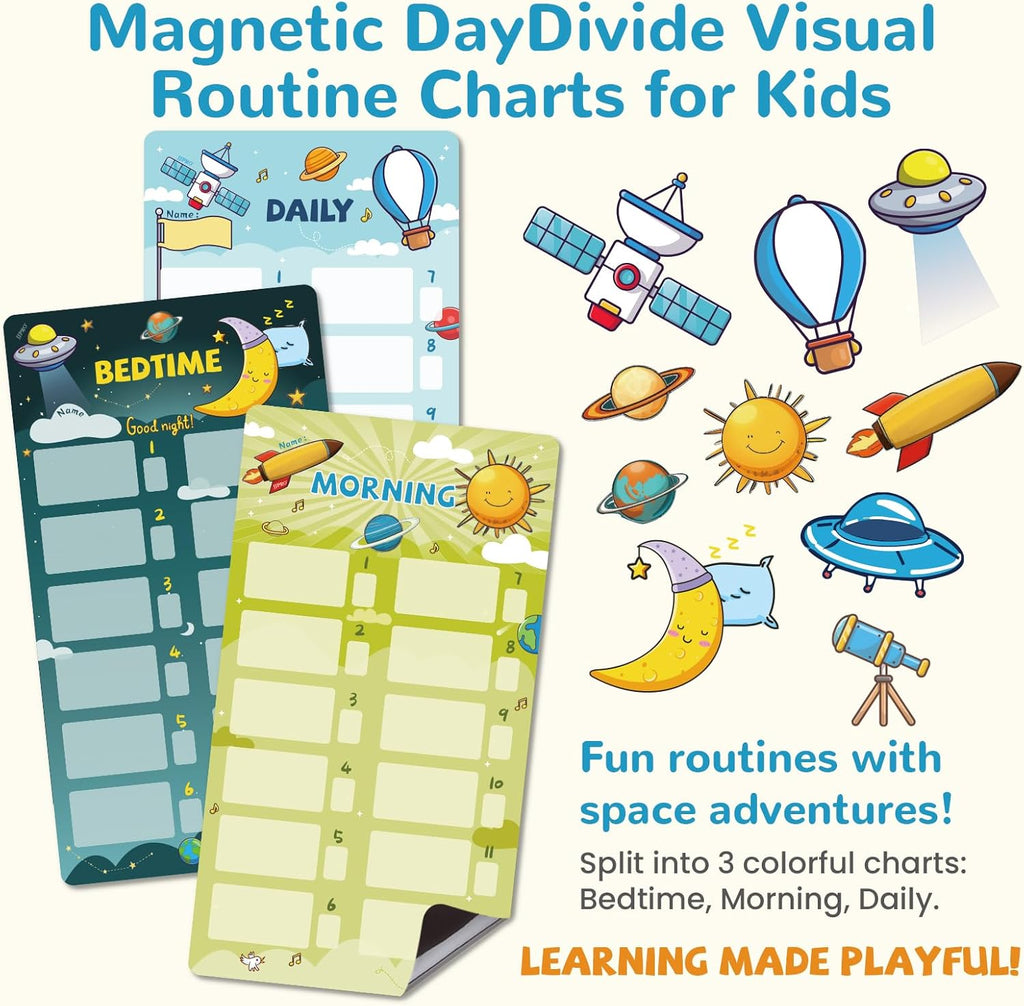 JJPRO Magnetic Bedtime/Morning/Daily Routine Chart for Kids with Reward Jar-Bedtime Checklist Toddler Reward Jar,Magnetic Chore Chart for Kids,Daily Routine Reward Chart -Outer Space