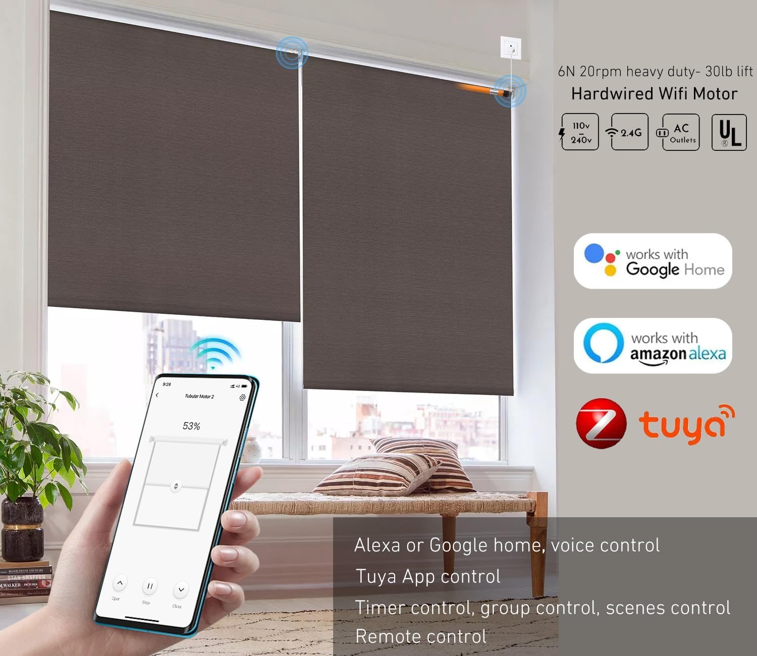 110V/120V Tuya WiFi 35mm Roller Blinds Motor Wired, 6N 20rpm, Smart Google Alexa APP Electric Remote Control Motorized Roller Blinds