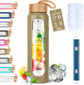 Aqulea Glass Water Bottles 32 Oz with Silicone Sleeve - BPA Free Reusable Wide Mouth Glass Motivational Water Bottles with Fruit Infuser – Leak Proof Borosilicate Water Bottle with Time Marker (Champ)