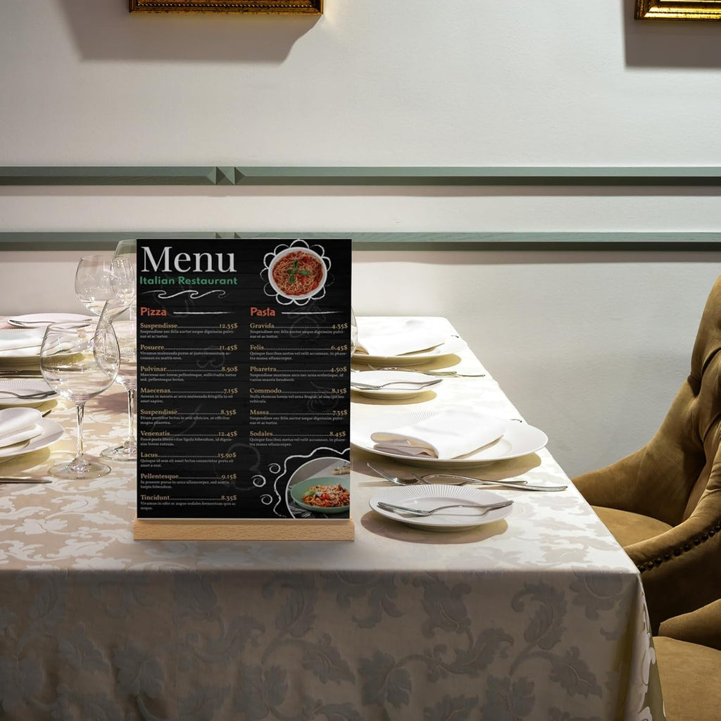 8.5 x 11 Acrylic Sign Holder with Wood Base - Tabletop Display Menu Stand - Clear Plastic L/T Shape Vertical or Slant Back Paper Holders - 6 pack