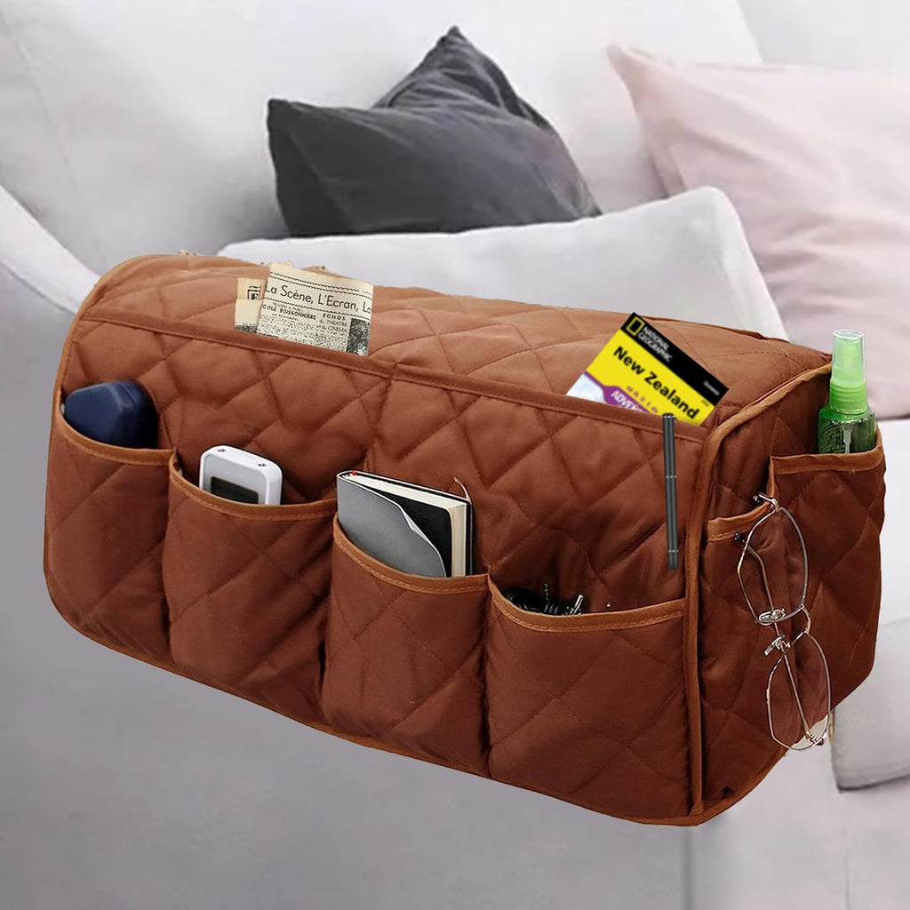 MEHIDFY Armchair Caddy, Waterproof Sofa Armrest Organizer, Non Slip Recliner Organizer, Remote Holder for Recline, Recliner Caddy with 14 Pockets Storage for TV Remote, Phone, Magazine (Brownish Red)