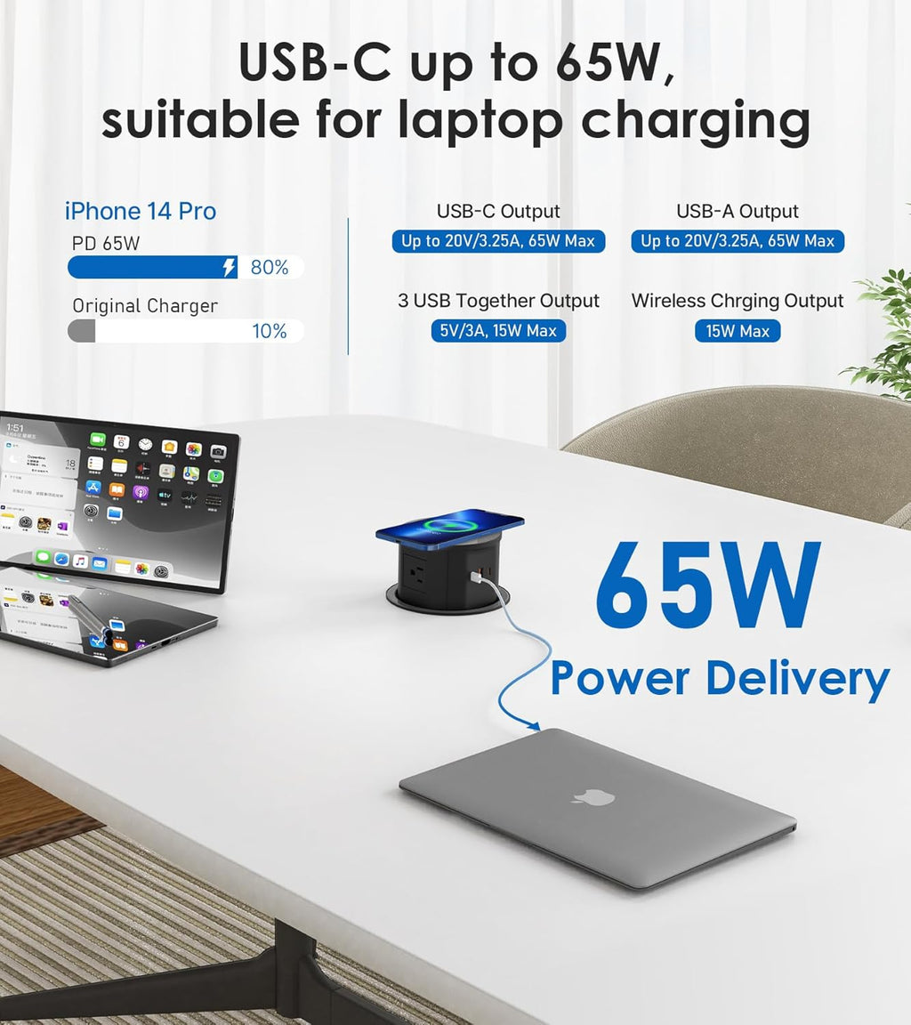 ANNQUAN 4.75" Pop Up Outlet with 65W USB-C,15W Wireless Charger,4 Outlets,3 USB Ports,Pop Up Countertop Receptacle Outlet for Home Office Kitchen
