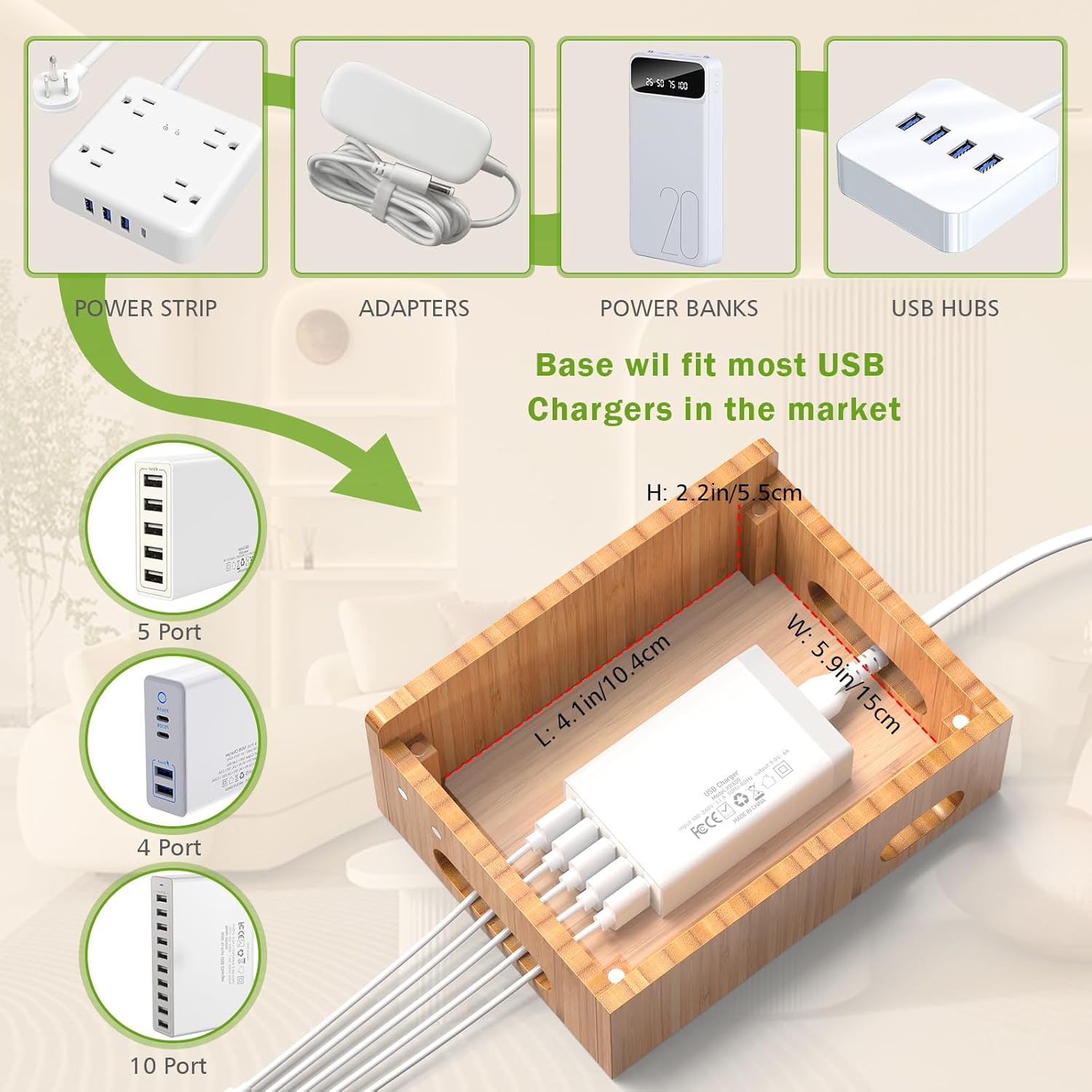 Pezin & Hulin Bamboo Charging Station Organizer for Multiple Devices, Desktop Docking Stations Holder for Cell Phone, Tablet, SmartWatch & Earbuds Stand (Included 5 Cables) (No USB Charger)