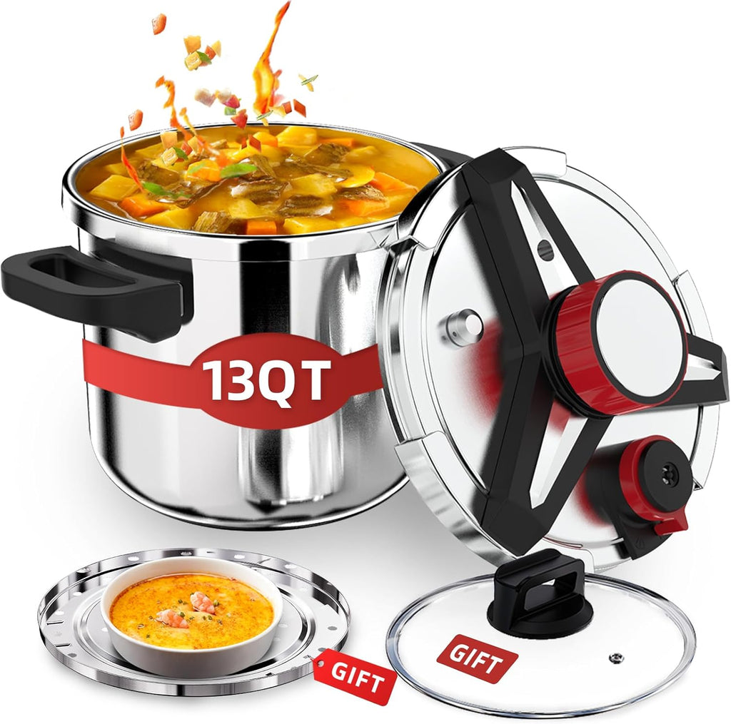 3-In-1 304 Stainless Steel Pressure Cooker 13 Quart: [Explosion-Proof] [3 PSI Settings], One-Hand Locking Pressure Canner, Induction Compatible, Glass Lid & Steamer Rack Included, Olla de Presion