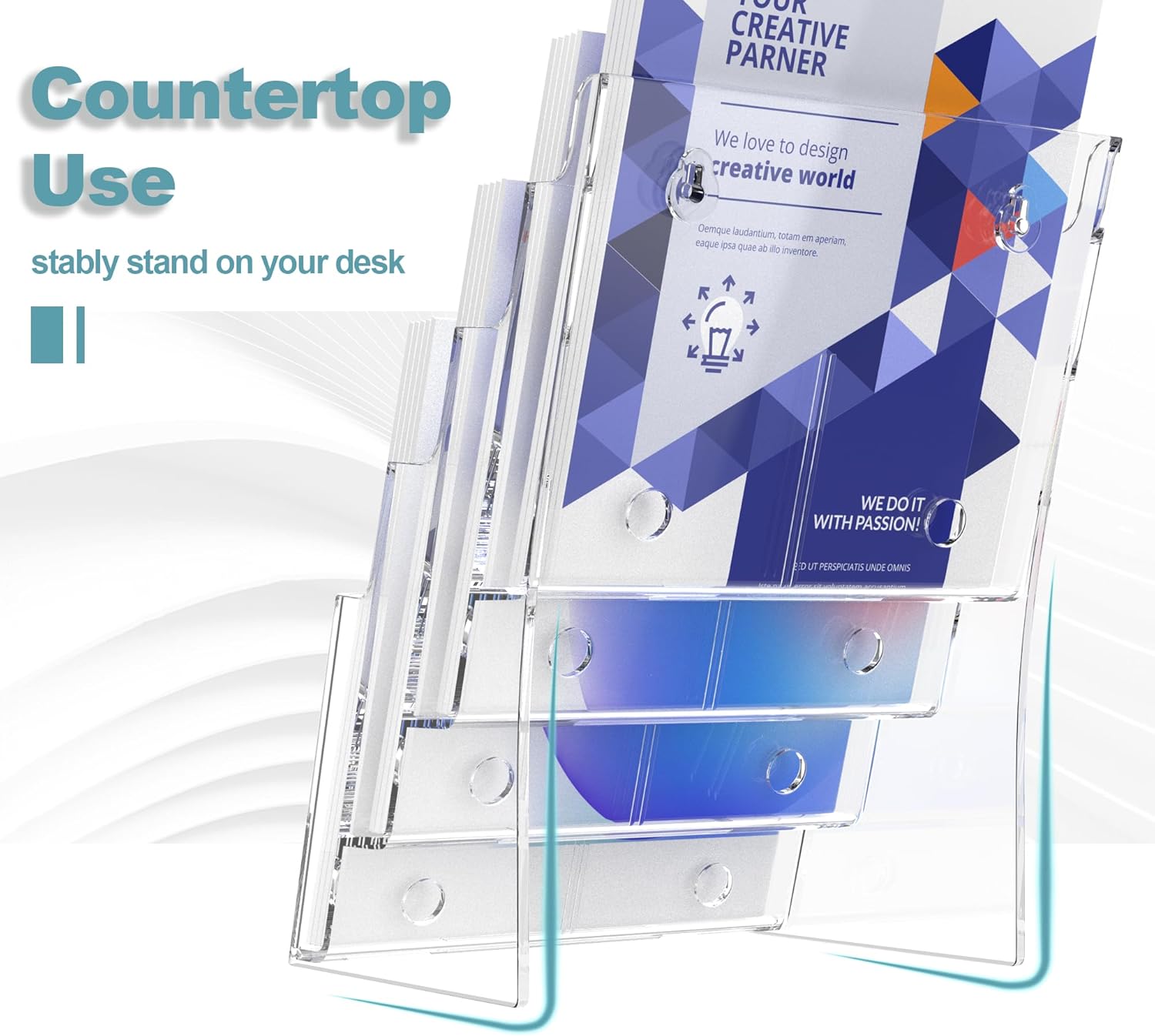 Brochure Holder 8.5x11 Inch 4 Tier with Removable Divider for 4x9 inch Clear Acrylic Pamphlet Display Stand Holder Countertop Use or Wall Mount for Office, Lobby, Hotel, Trade Show, 1 Pack