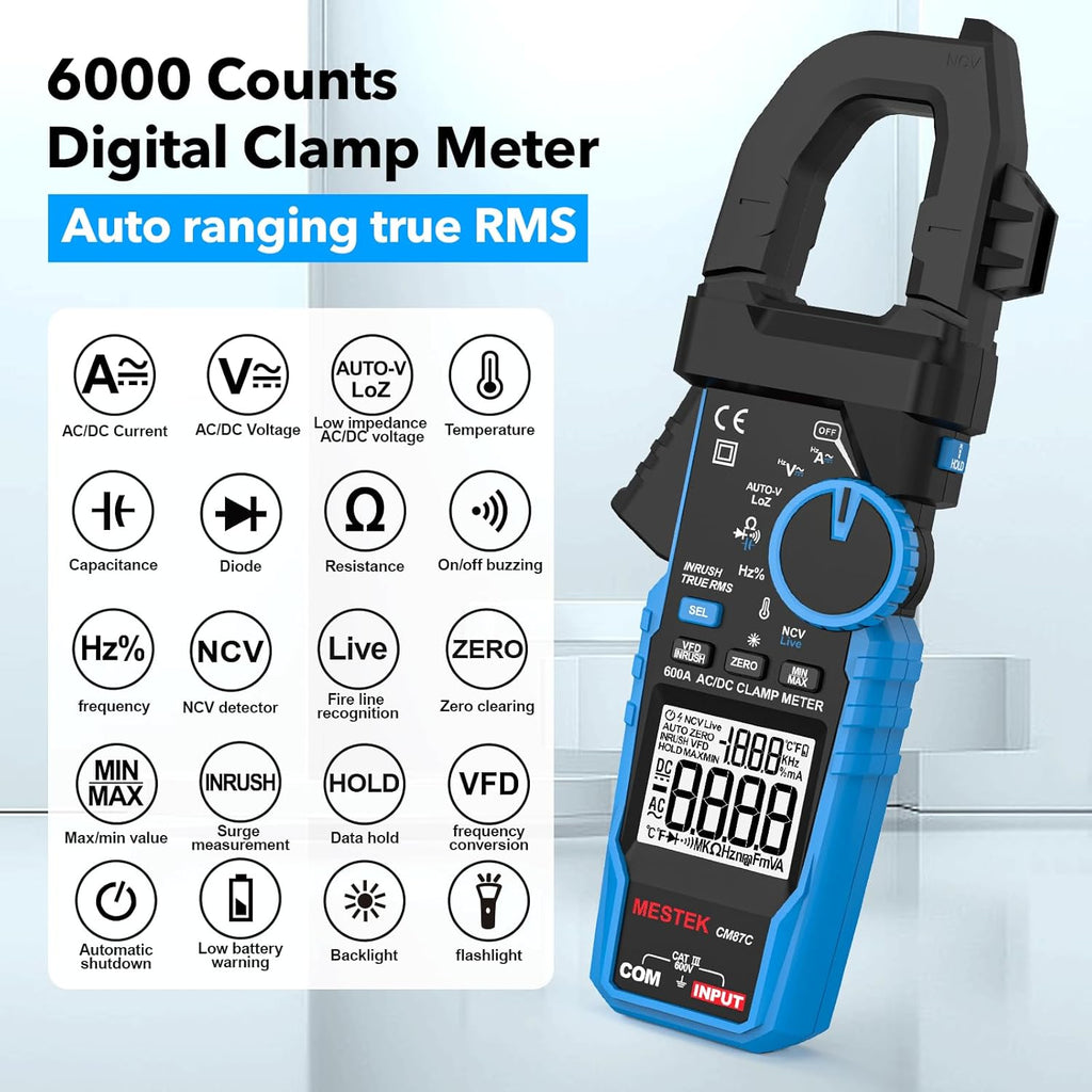 Digital Inrush Clamp Meter Multimeter, MESTEK T-RMS 6000 Counts 600A Current Amp Volt Meter with VFD,LOZ Mode; Measures NCV AC/DC Current Voltage Temperature Resistance Capacitance Continuity
