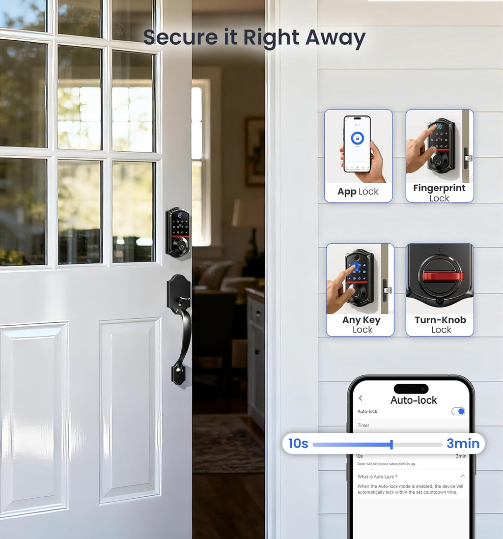 Veise VE017-H Fingerprint Smart Front Door Lock Set, App Control, Keyless Entry Deadbolt with Handle, Smart Deadbolt, Emergency Power Port, Touchscreen Keypad, Auto Lock, Easy Install, Matte Black