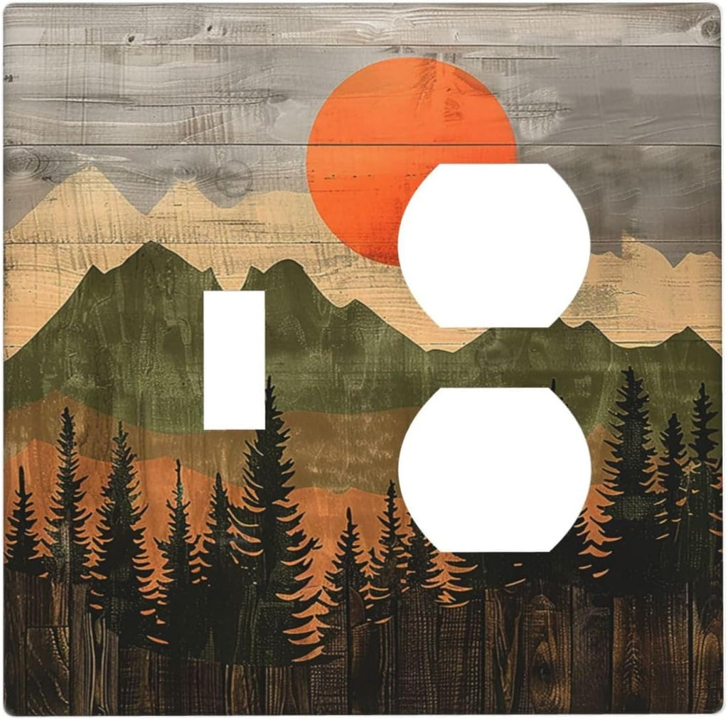 Wallplates Vintage Wood Grain Sun Forest Mountains 1 Toggle 1 Duplex Switch Plate Electrical GFCI Faceplate Decorative Light Switch Covers for Farmhouse Cabin Decor