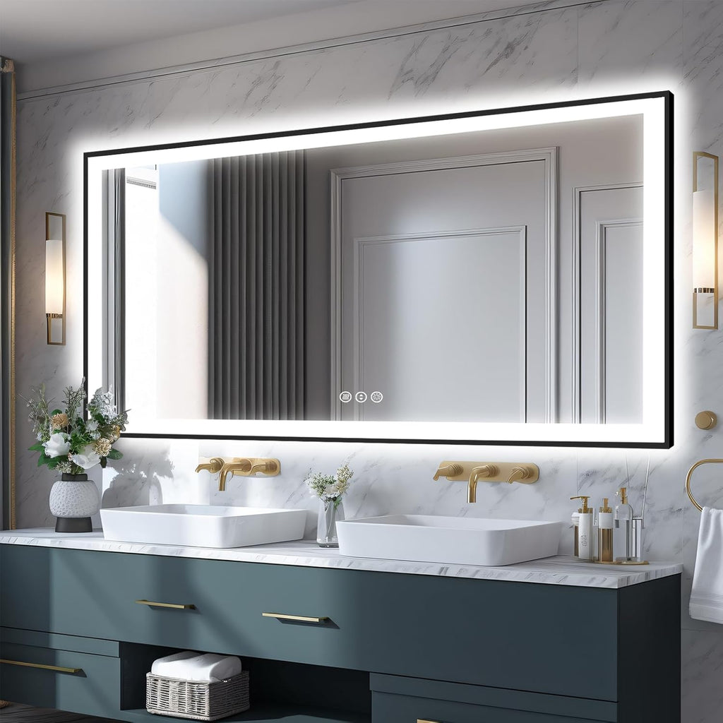 Large 84x40 Light Up Bathroom Mirror -Black Aluminum Edge (Front and Backlit), Anti-Fog Vanity Mirror with Lights,Stepless 3 Colors Dimmable Lighted Mirror(Horizontal/Vertical)