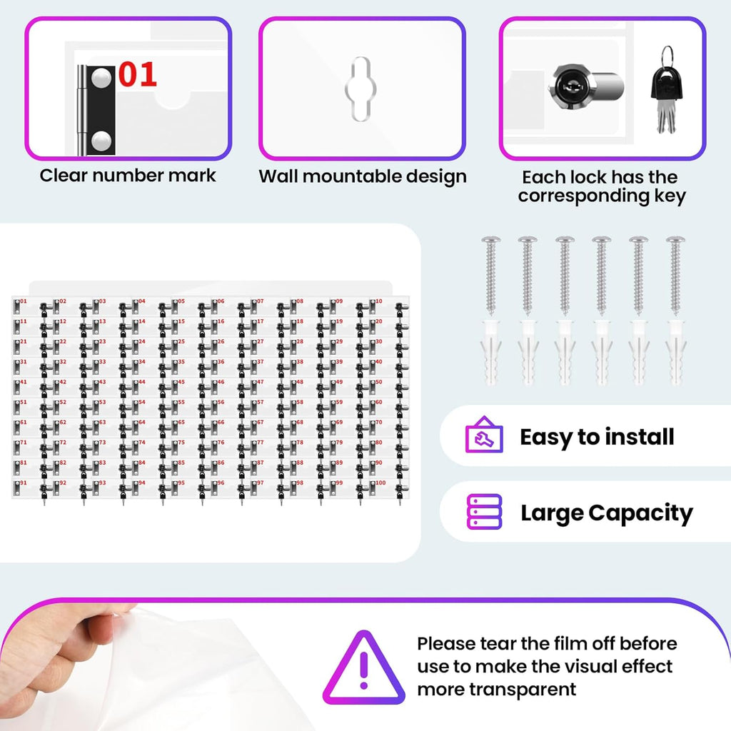 100 Slots Cell Phone Locker Box, Clear Phone Storage, Acrylic Cell Phone Lock Box with Door Locks and Keys, Wall Mounted Cell Phones Cabinet for Office School Classroom Factory