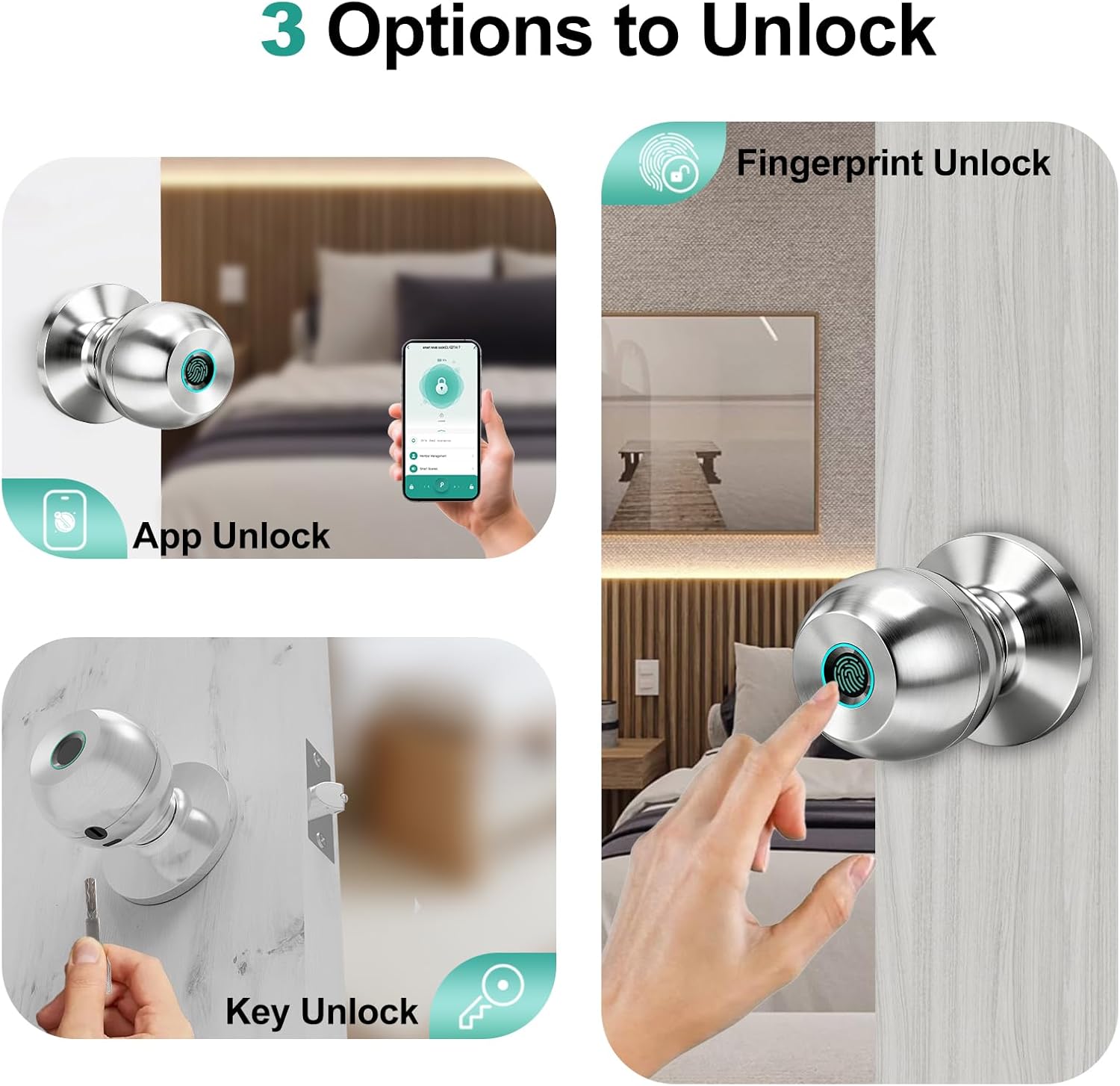 Fingerprint Door Lock, Smart Door Knob, Keyless Entry Door Lock with App Control, Thumbprint Door Knob with Extra Power Bank, Suitable for Home, Bedroom, Apartments, Office - Sliver