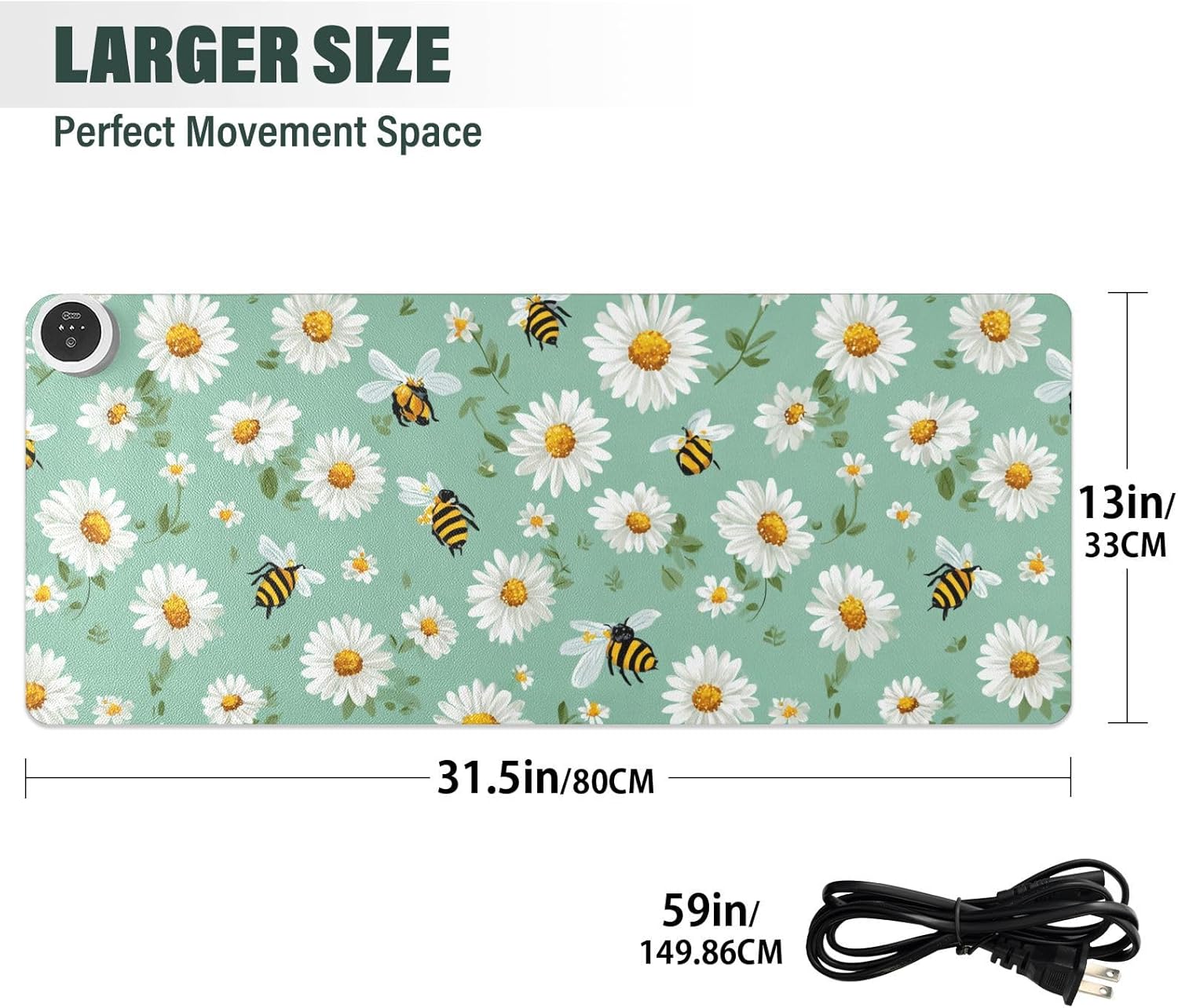 Heated Desk Pad Mouse Pad 31.5x13 Inch PU Leather Desk Mat with 3 Heat Levels Large Mouse Gaming Computer Laptop Mat Mint Green Daisy Flowers and Bees