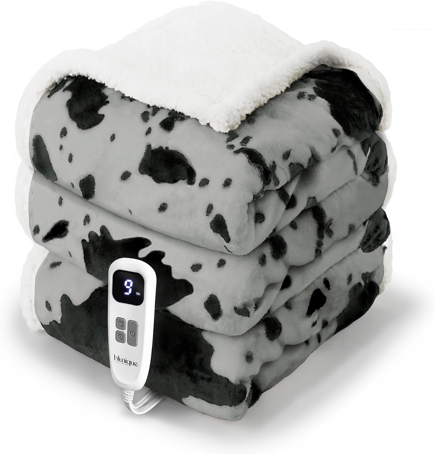 Cow Print Heated Blanket Twin-Heating Electric Blanket Twin with 10 Heat Levels & 10 Hours Auto-Off, Cozy Soft Fleece Sherpa, Washable, 62 x 84 Inche Cow Print Grey