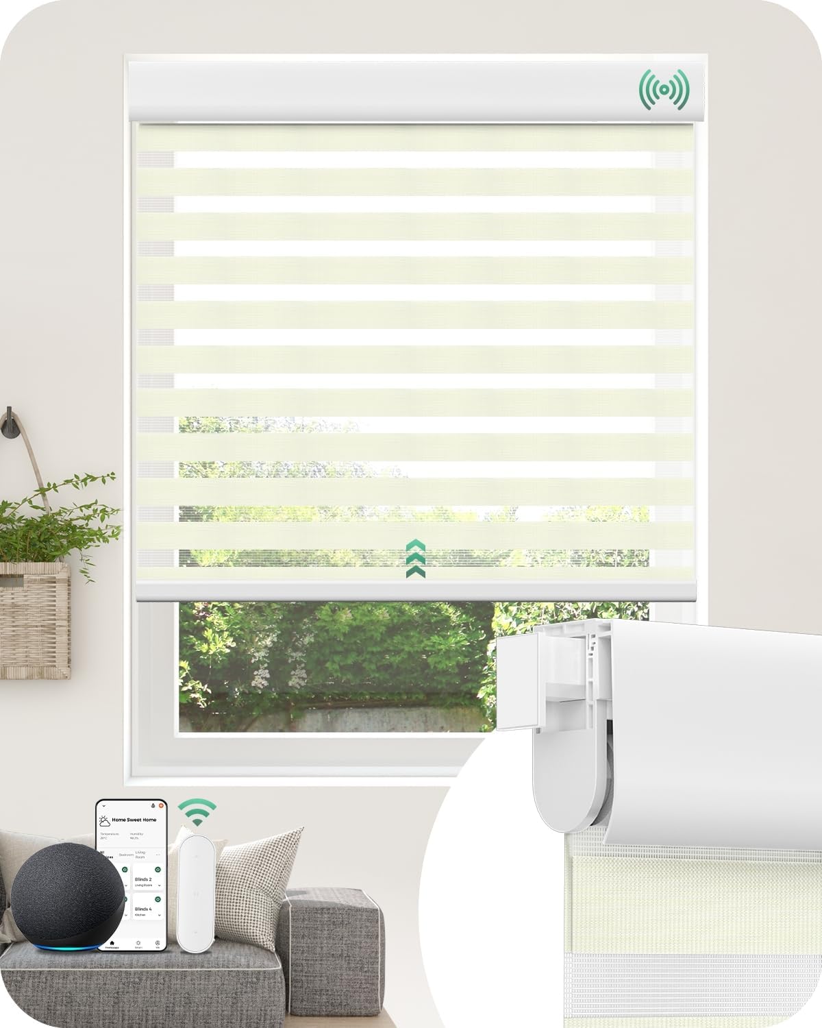 Allesin No Drill Motorized Zebra Blinds – Rechargeable Smart Dual Layer Shades with Cassette Cover, Ultra-Quiet Motor, Automatic Blind with Remote for Indoor Windows (Pearl White 36" W x 72" H)
