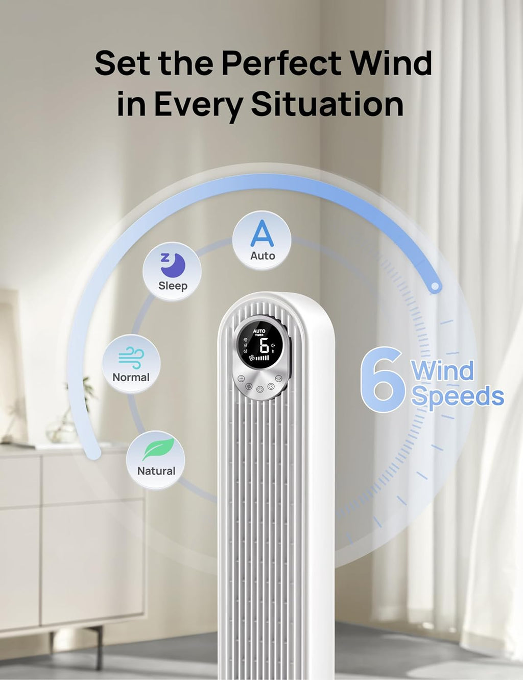 Dreo Tower Fan 42 Inch, Cruiser Pro T1 Quiet Oscillating Bladeless Fan with Remote, 6 Speeds, 4 Modes, LED Display, 12H Timer, White Floor Standing Fan Powerful for Indoor Home Bedroom Office Room