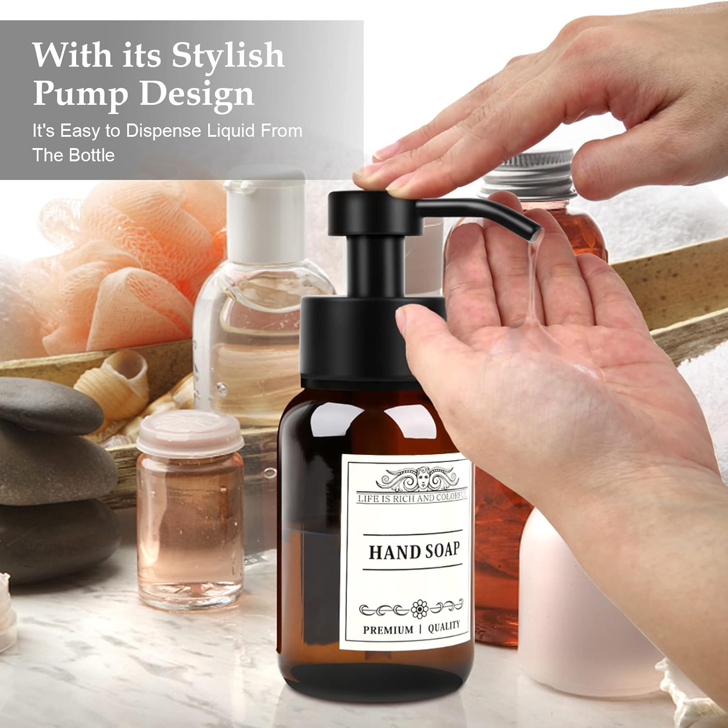 8.5oz Glass Soap Dispenser 2 Pack - Shampoo,Conditioner and Dish Soap Dispenser with Pump,Wall Mount Holder and Waterproof Labels for Kitchen and Bathroom (Brown)