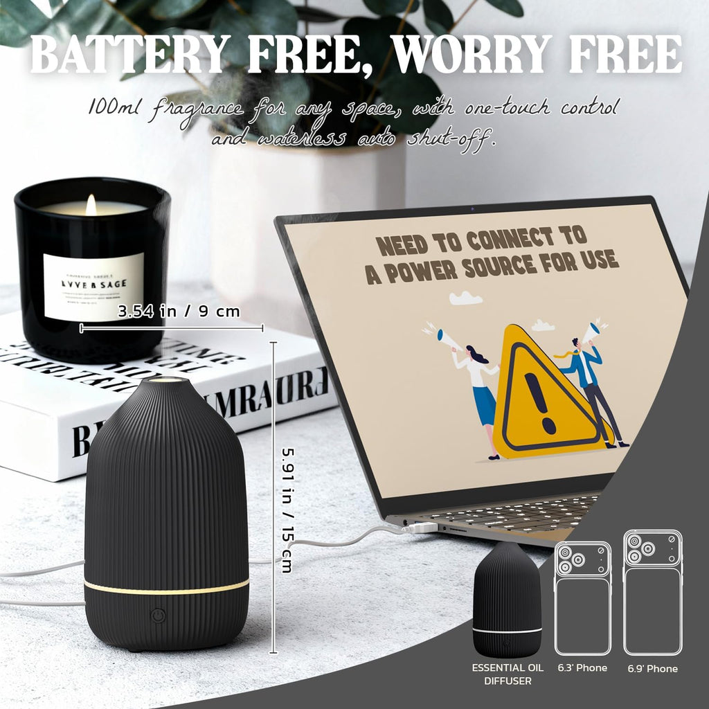 Essential Oil Diffuser, 100ml Aromatherapy Diffuser, Mini Ultrasonic Diffuser for Essential Oil, Home, Office, Cool Mist Humidifier with 7 Led Light, Auto Shut-Off, Black