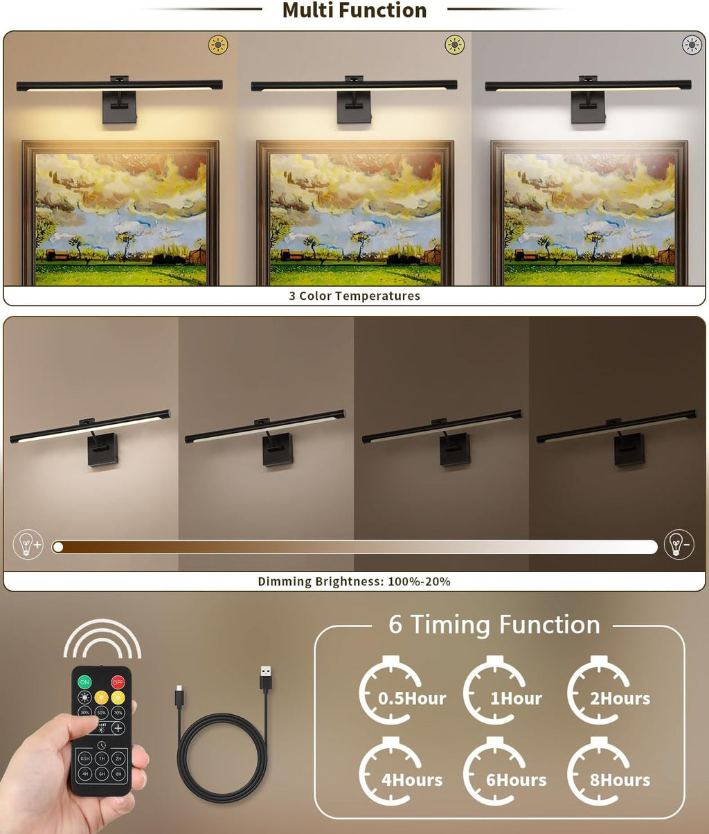 Joosenhouse Battery Operated Picture Lights for Wall Rechargeable Art Lighting for Paintings Wireless Gallery Lights with Remote Control and Timed Dimmable with Single Swing Arm 24.4 Inch Black