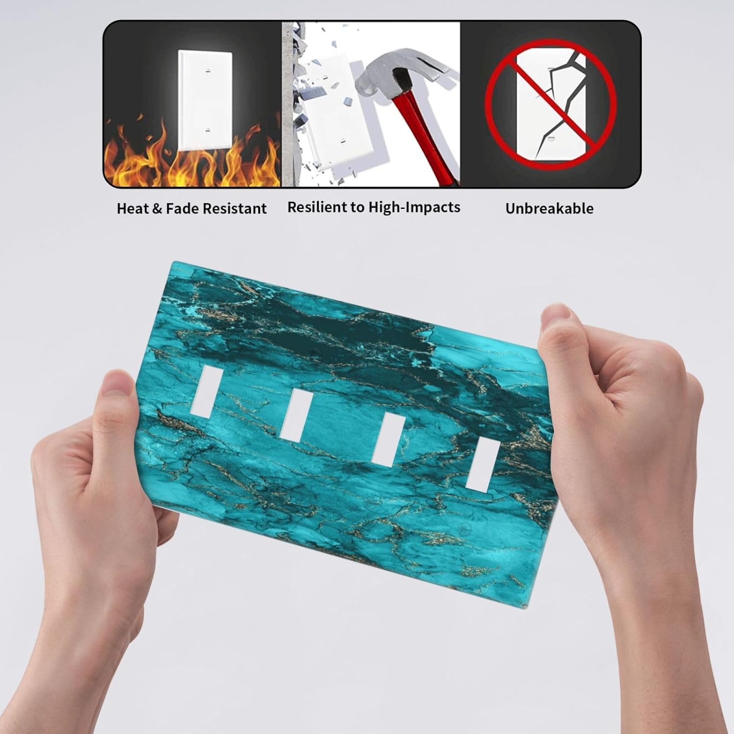 Decorative Light Switch Plate Covers Modern Abstract Turquoise Blue Marble Texture 4 Gang Artistic Wall Plate Unique Quad Toggle Light Switch Covers for Bathroom Home Decor