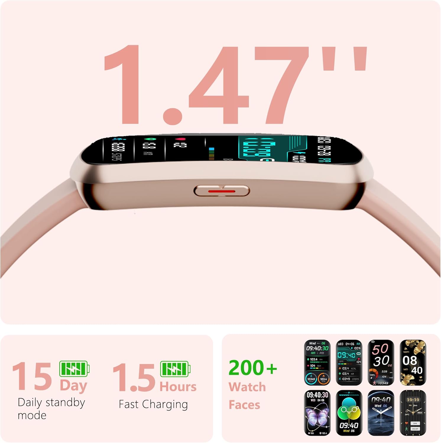 Health Fitness Tracker, Smart Watch with 24/7 Heart Rate, Activity Tracker with Blood Pressure and Blood Oxygen Monitor, 120 Sport Mode Waterproof Sleep Tracker for Women Men (Pink)