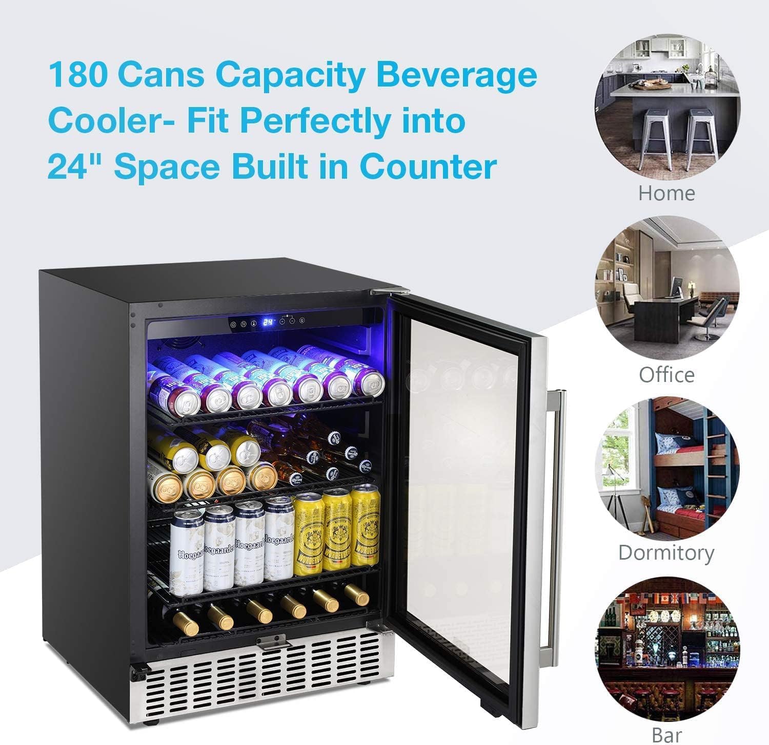 Antarctic Star 24 Inch Beverage Refrigerator, 180 Cans Capacity Built-in Beverage Cooler- Fit Perfectly into 24" Space Built in Counter or Freestanding-for Soda, Water, Wine-For Kitchen, Bar or Office