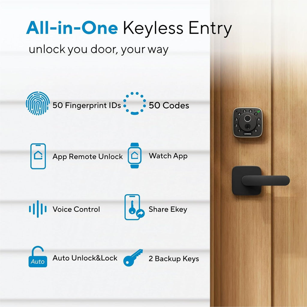ULTRALOQ Bolt Fingerprint Smart Lock with Handle Set, Works with Apple Home, Keyless Entry Front Door Lock Set, Built-in WiFi Deadbolt with Door Sensor, App Remote Control, Auto Unlock, BHMA Certified